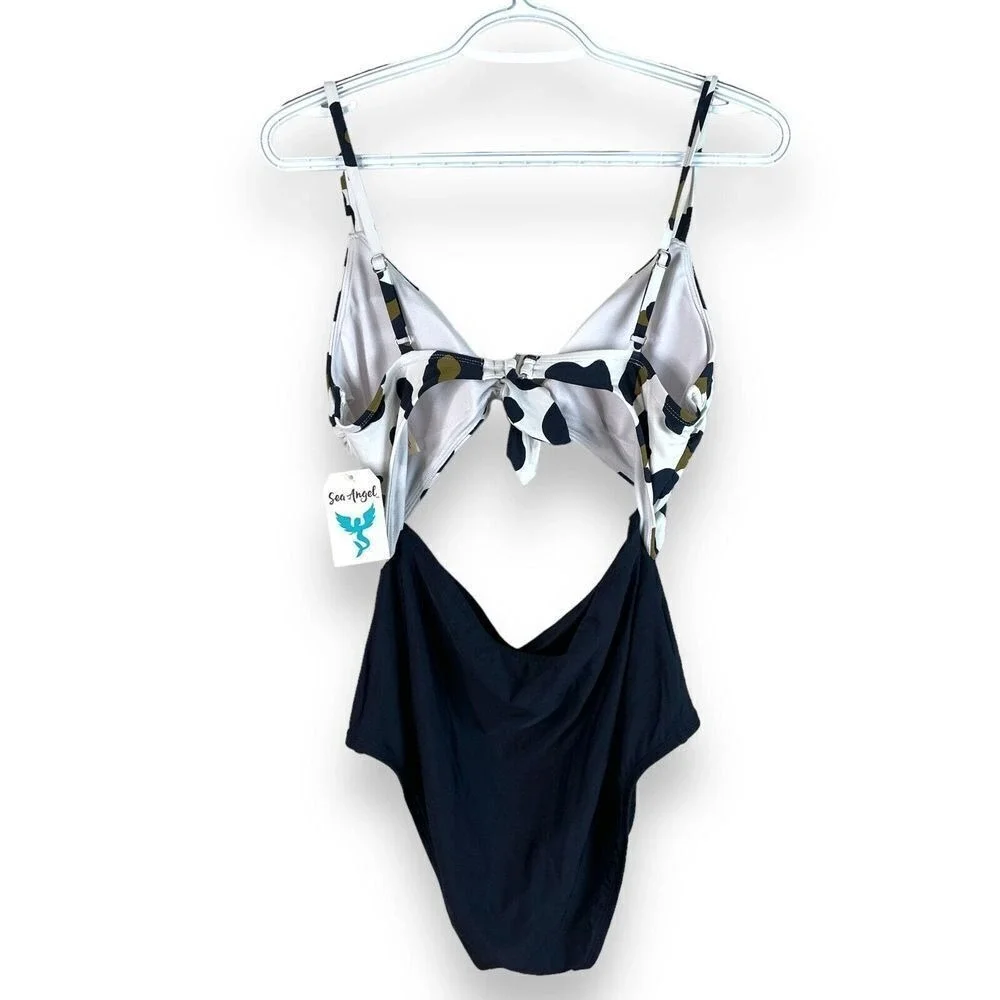 Sea Angel One Piece Swimsuit Womens L Black‎ Leopard Print Cutout Tie Front